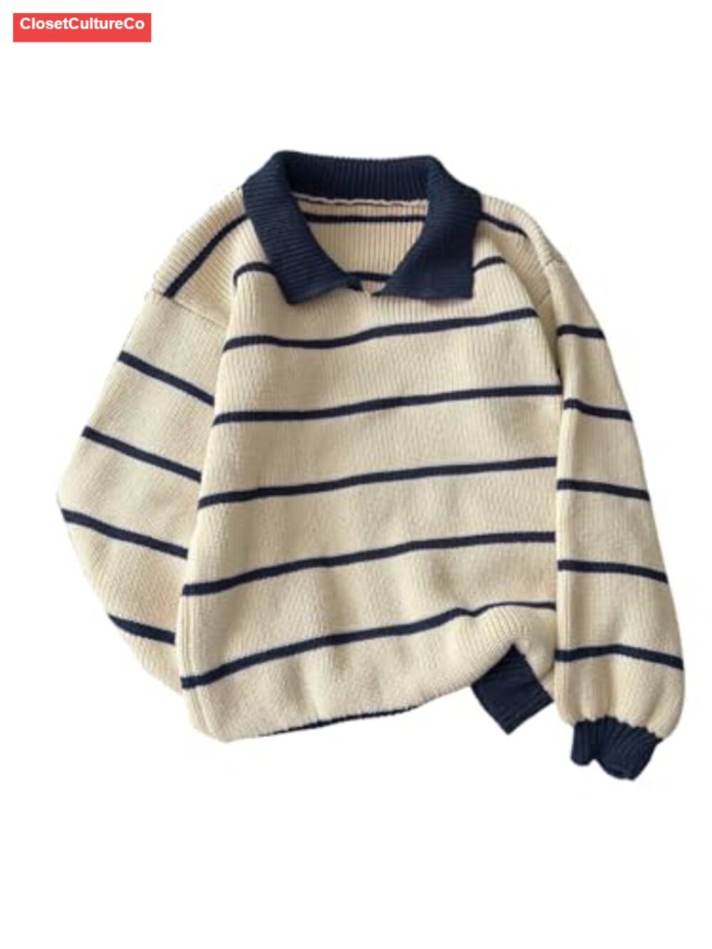 Striped Collared Oversized Knit Sweater Drop Shoulder Lightweight Pullover